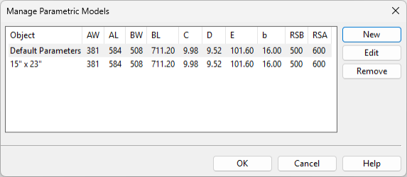 Manage Parametric Models dialog